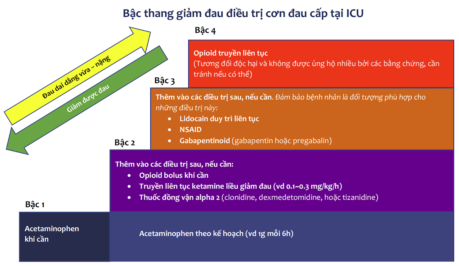 Chiến lược để thiết kế các liệu trình giảm đau đa mô thức. Bước 1-2 bao gồm các thuốc linh hoạt và hợp lý nhất cho nhiều nhóm bệnh nhân ICU. Các thuốc trong bước 3 “độc” hơn một ít, vì vậy nên sử dụng chúng có chọn lọc hơn và theo dõi sát hơn về chỉ định và chống chỉ định đặc biệt.