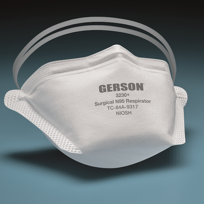 A photo of a white Gerson respirator with headstraps