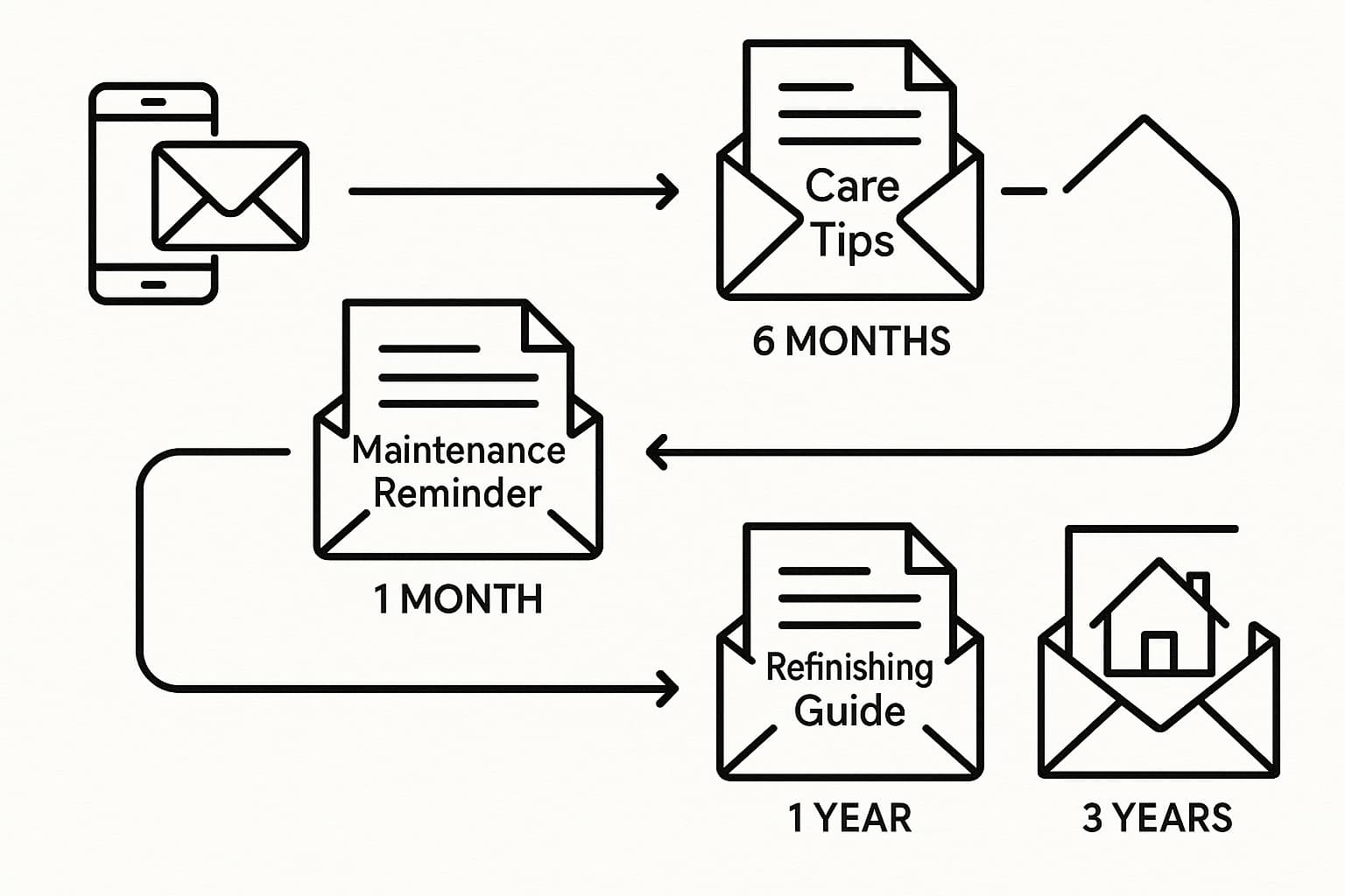 Automated email marketing workflow for flooring business showing digital marketing sequence to generate high quality flooring leads over time.