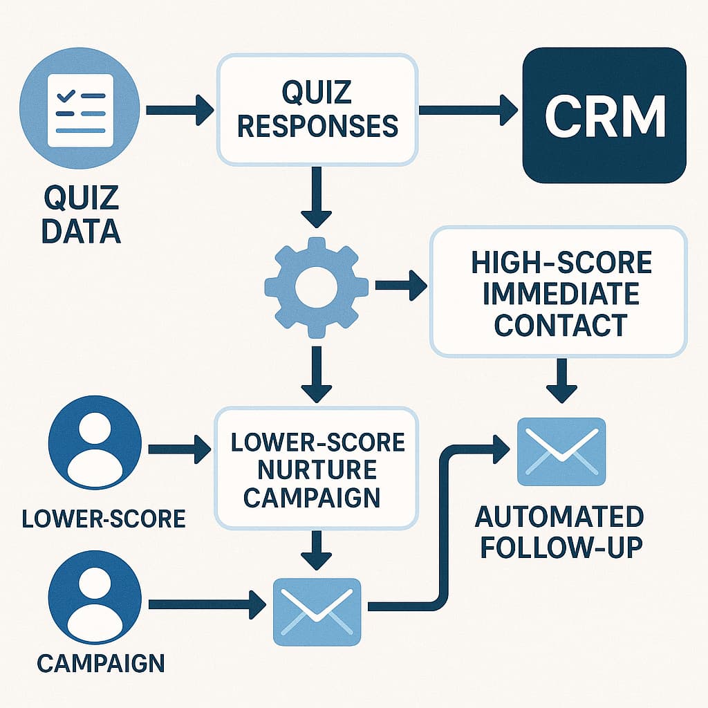 CRM integration process showing how health insurance quiz leads are automatically scored and routed to appropriate follow-up campaigns for better conversion.