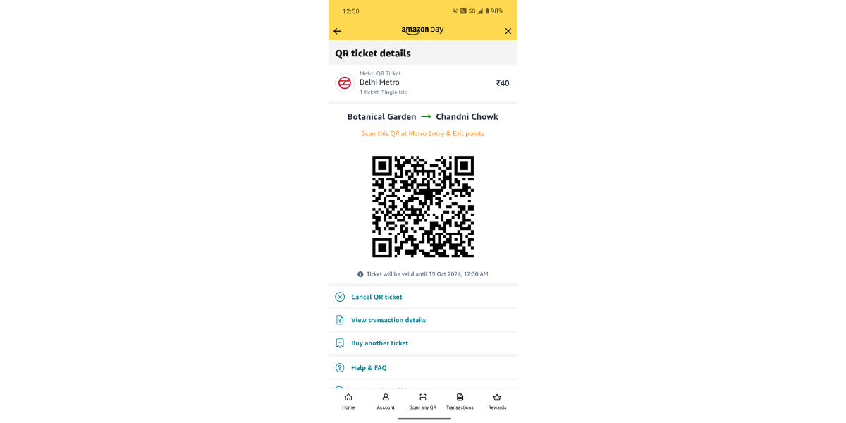 Delhi Metro's (DMRC) in app ticket QR Code.