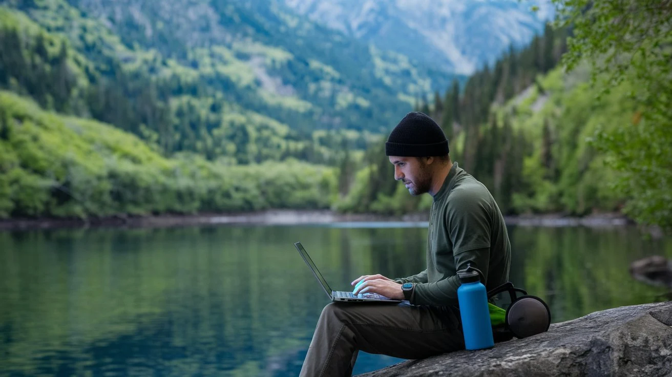 Digital nomad using a reusable water bottle and eco-friendly travel gear.