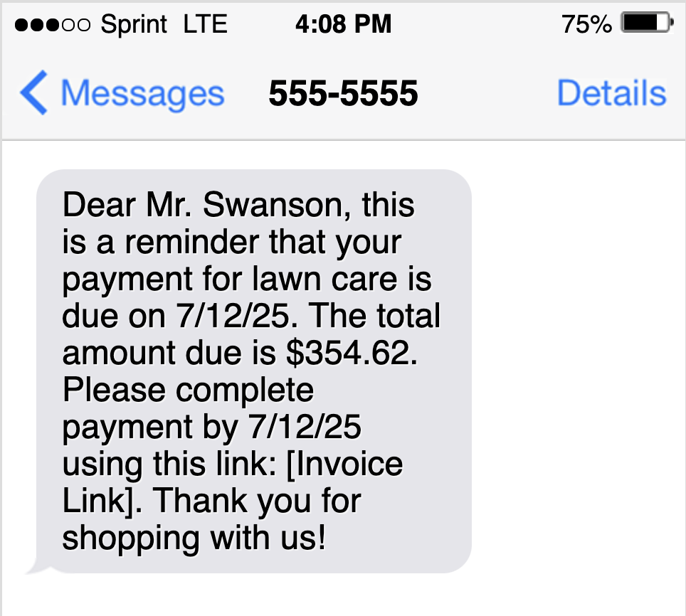 text message invoice example for reminding about payment