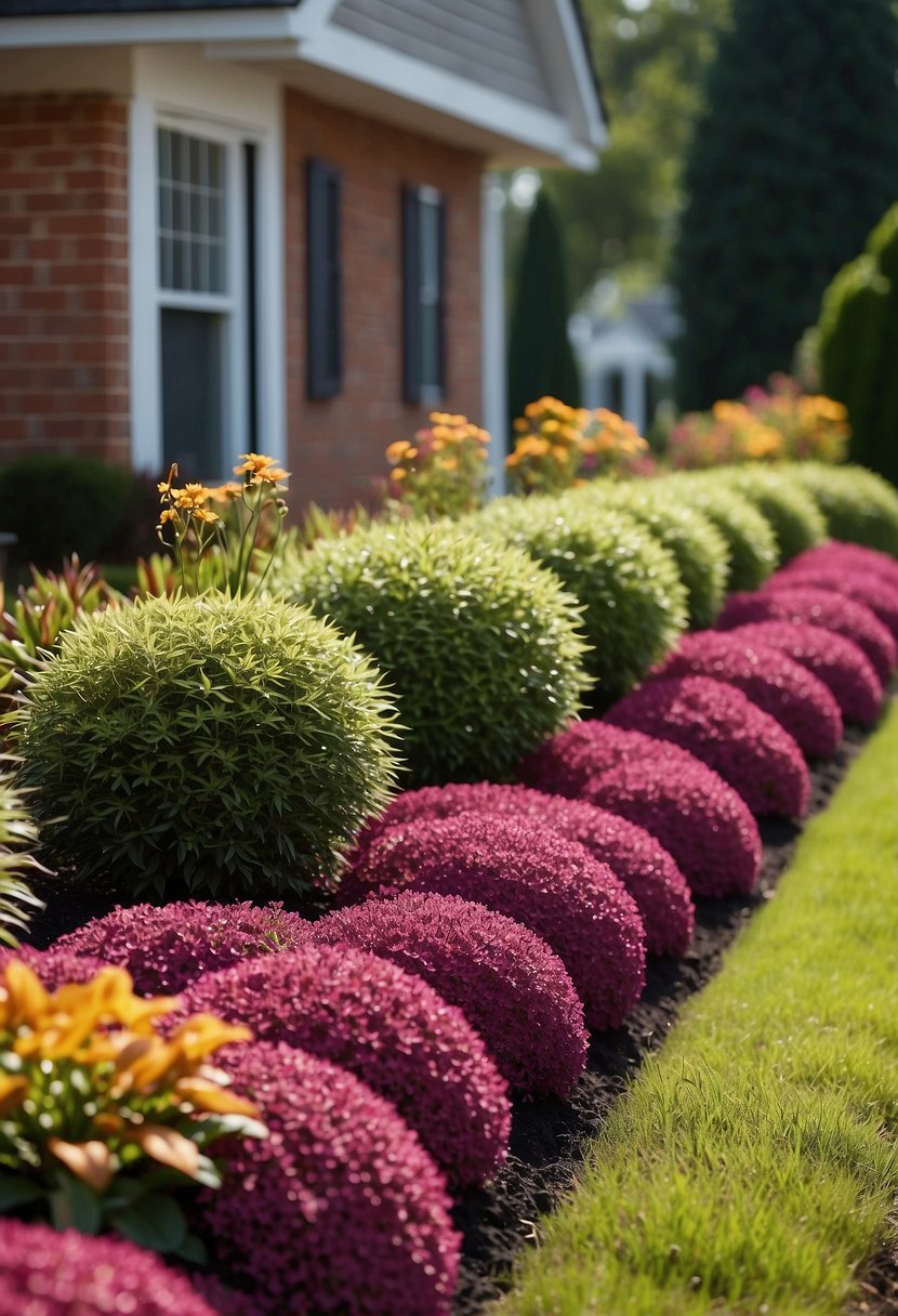 A neat row of mulch beds lines the front of a house, with carefully arranged plants and flowers adding color and texture to the landscape