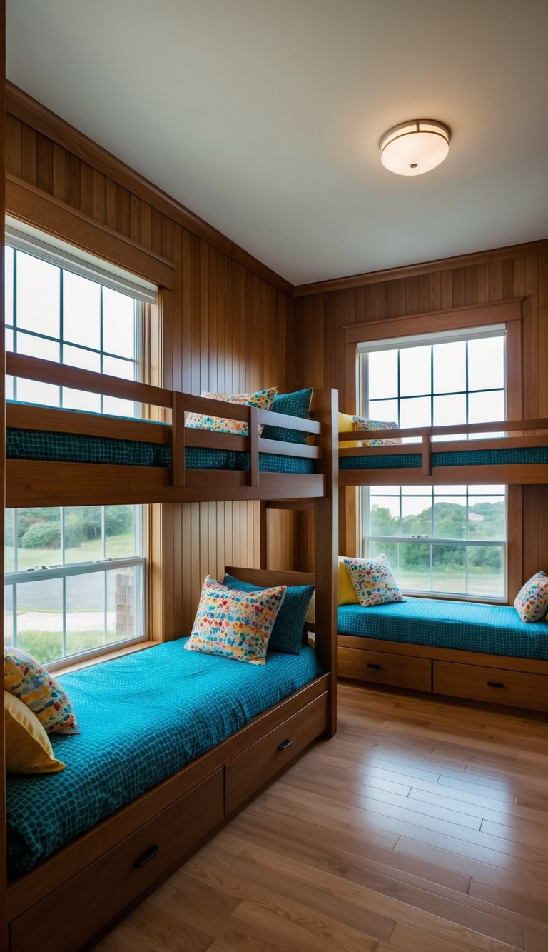 Two sets of built-in bunk beds with colorful bedding in a spacious room with large windows and wood-paneled walls