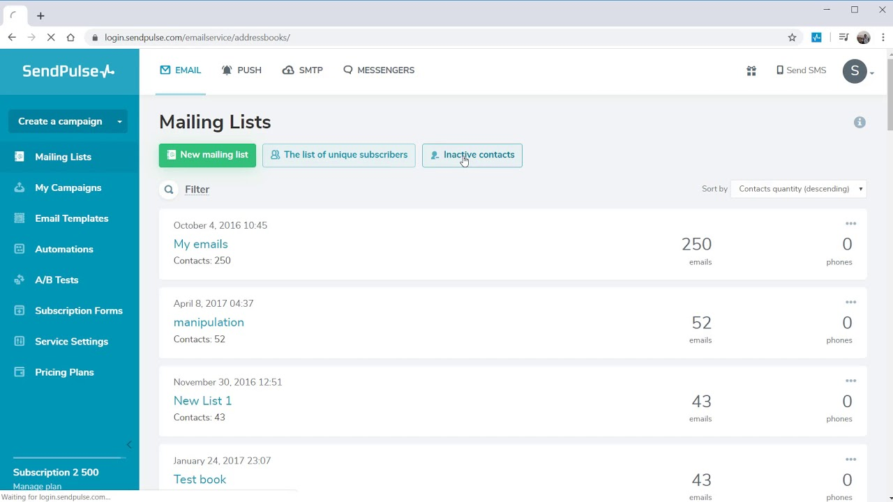 Панель списков рассылки в сервисе SendPulse
