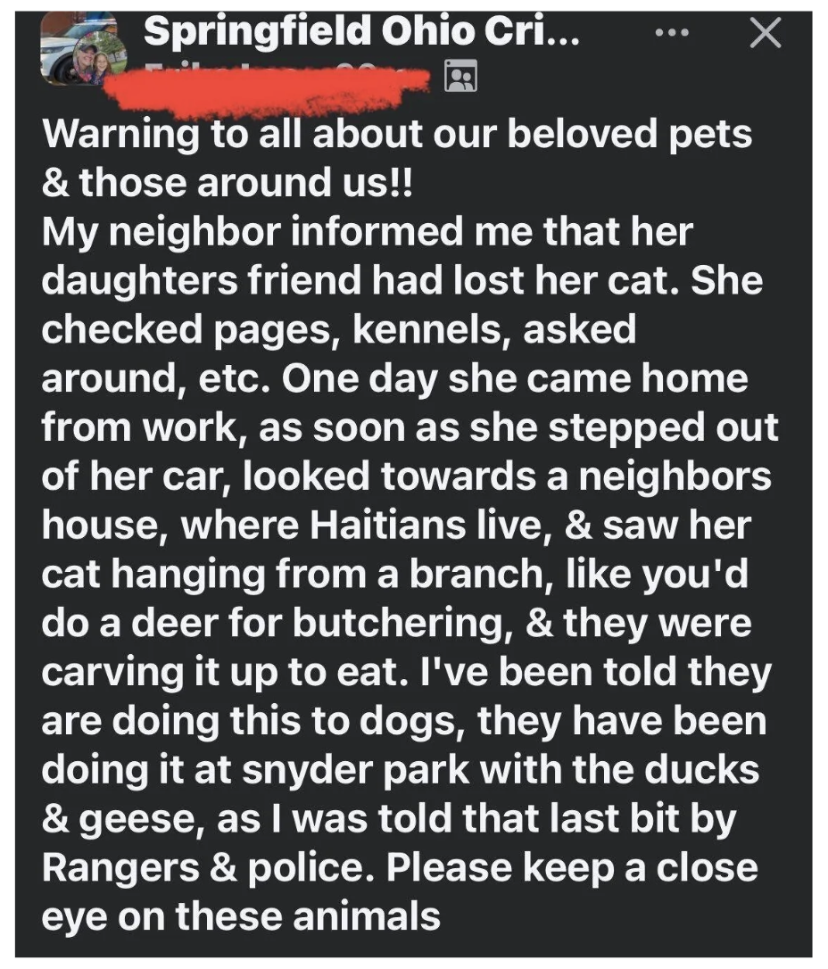 Screenshot of social media post that alleges a neighbor's cat was eaten by Haitian community members.