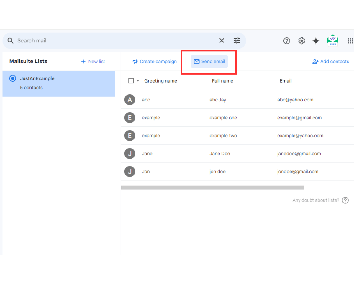 How to use email groups in Gmail with Mailsuite: When the contact list opens, click Send Email
