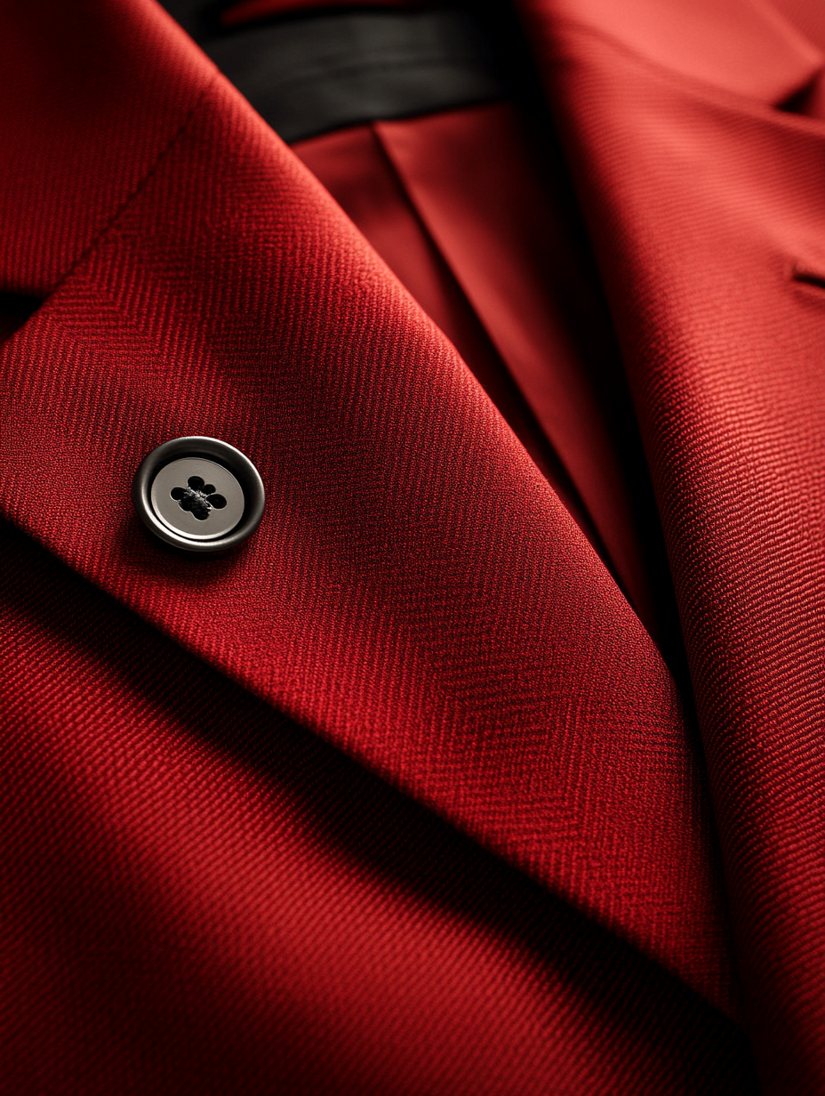 
A neatly folded bright red suit, expertly arranged to showcase its bold, vibrant color and smooth fabric texture. The jacket's sharp lapels are prominently displayed, with the trousers perfectly aligned beneath it. The rich red material reflects soft, even lighting, emphasizing its striking hue. Set against a simple, neutral surface, the composition highlights the suit's dynamic and confident appeal.