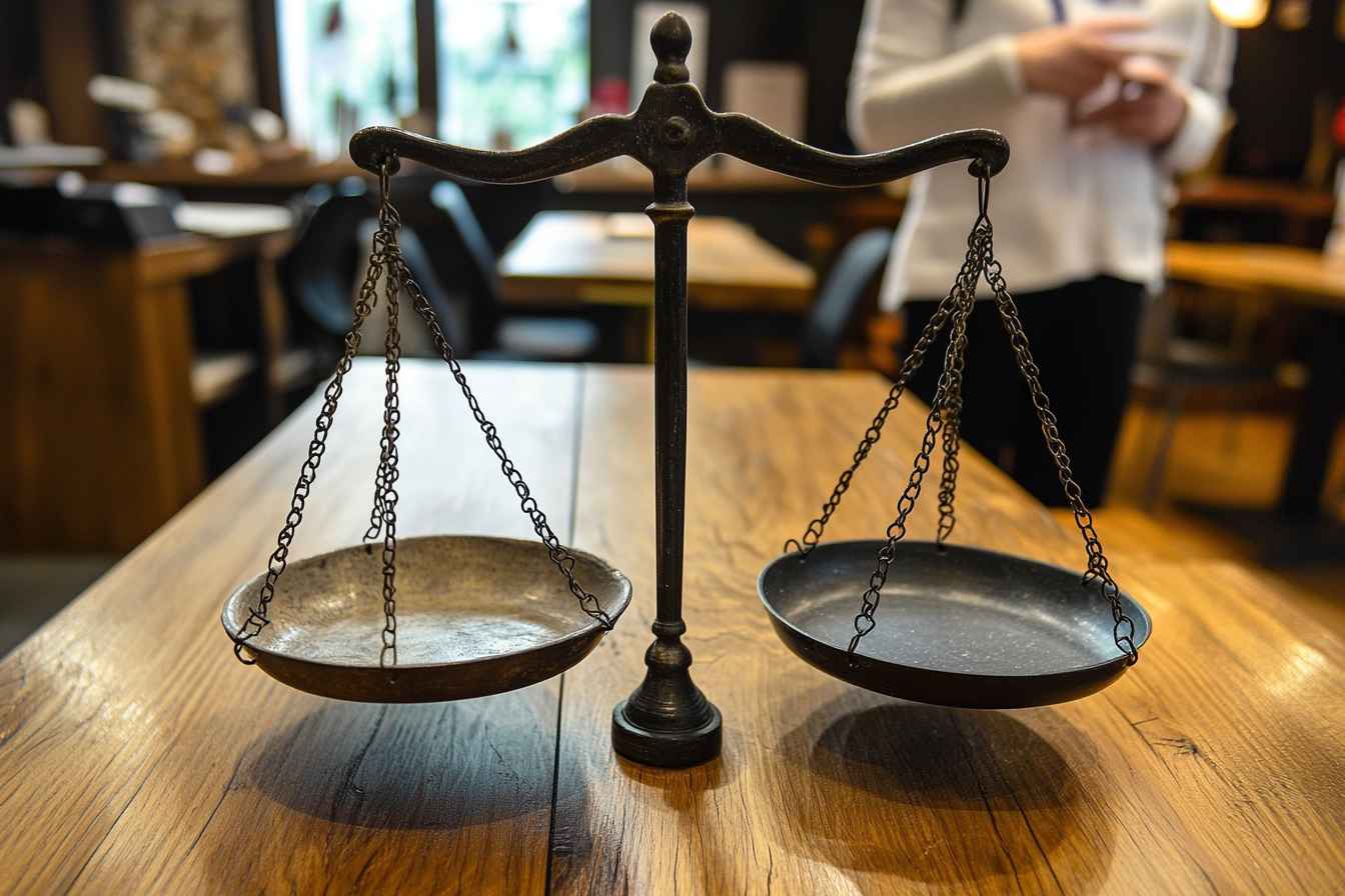 Balanced scale on an office table with two tokens representing current and new roles, symbolizing how candidates weigh counteroffers against fresh opportunities.