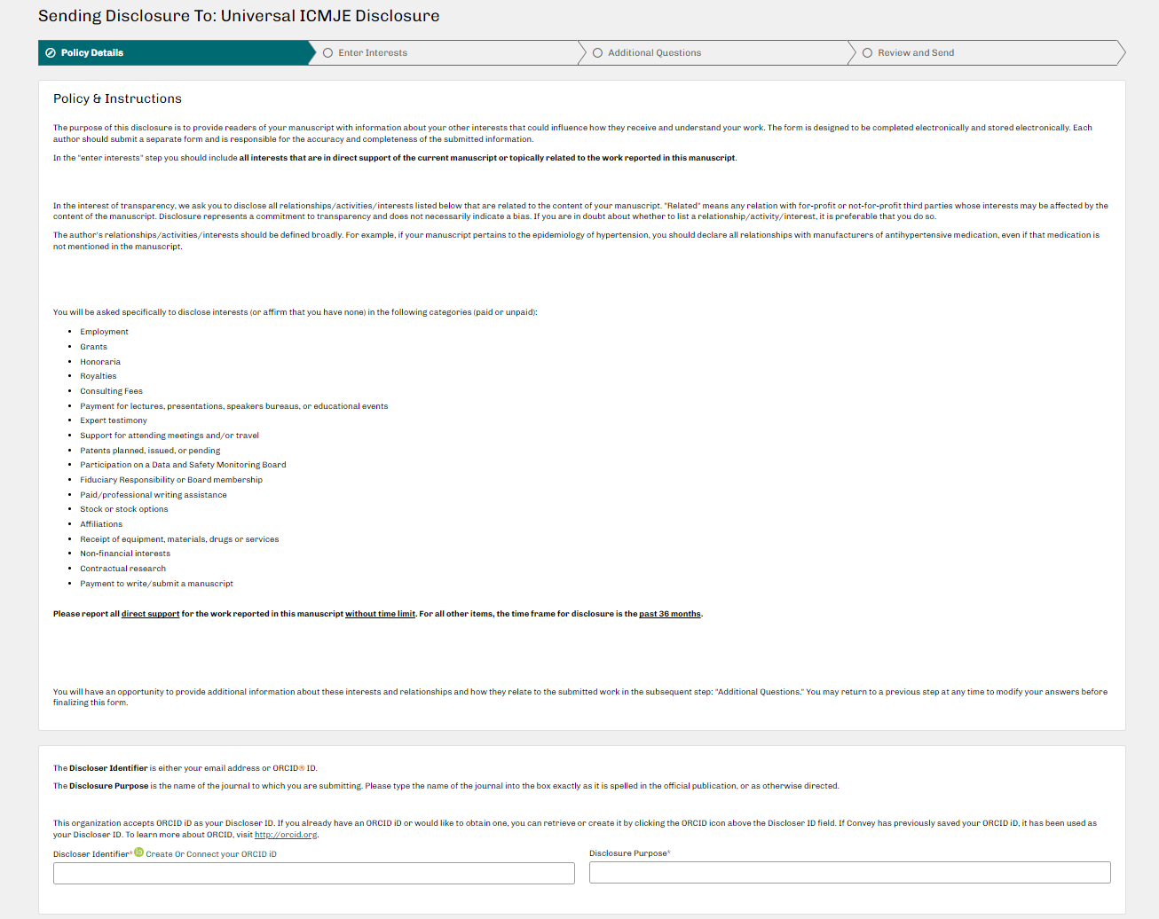 Screenshot of Policy & Instructions on a disclosure form. 