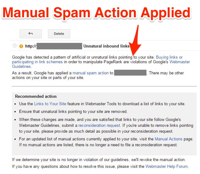 Screenshot of manual action from Google about unnatural, spam links