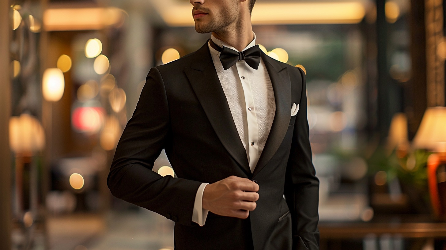 Man in a black tuxedo jacket with satin lapels; bow tie and white dress shirt; polished shoes; elegant evening backdrop such as ballroom or upscale venue