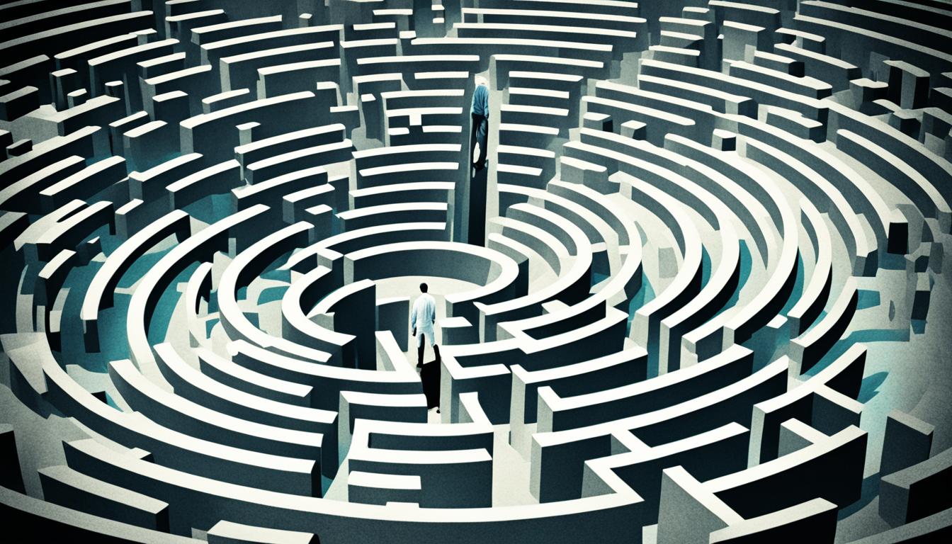 A lone figure stands in front of a maze, with towering walls on all sides. The figure wears a determined expression as they survey the obstacles in front of them. The maze is complex and daunting, with twists and turns that seem impossible to navigate. However, the figure seems unfazed and ready to tackle any challenge that comes their way. In the distance, there is a faint light that represents hope and the possibility of success. The image captures the resilience and determination needed to overcome obstacles and the unwavering belief that there is always a way out of any difficult situation.