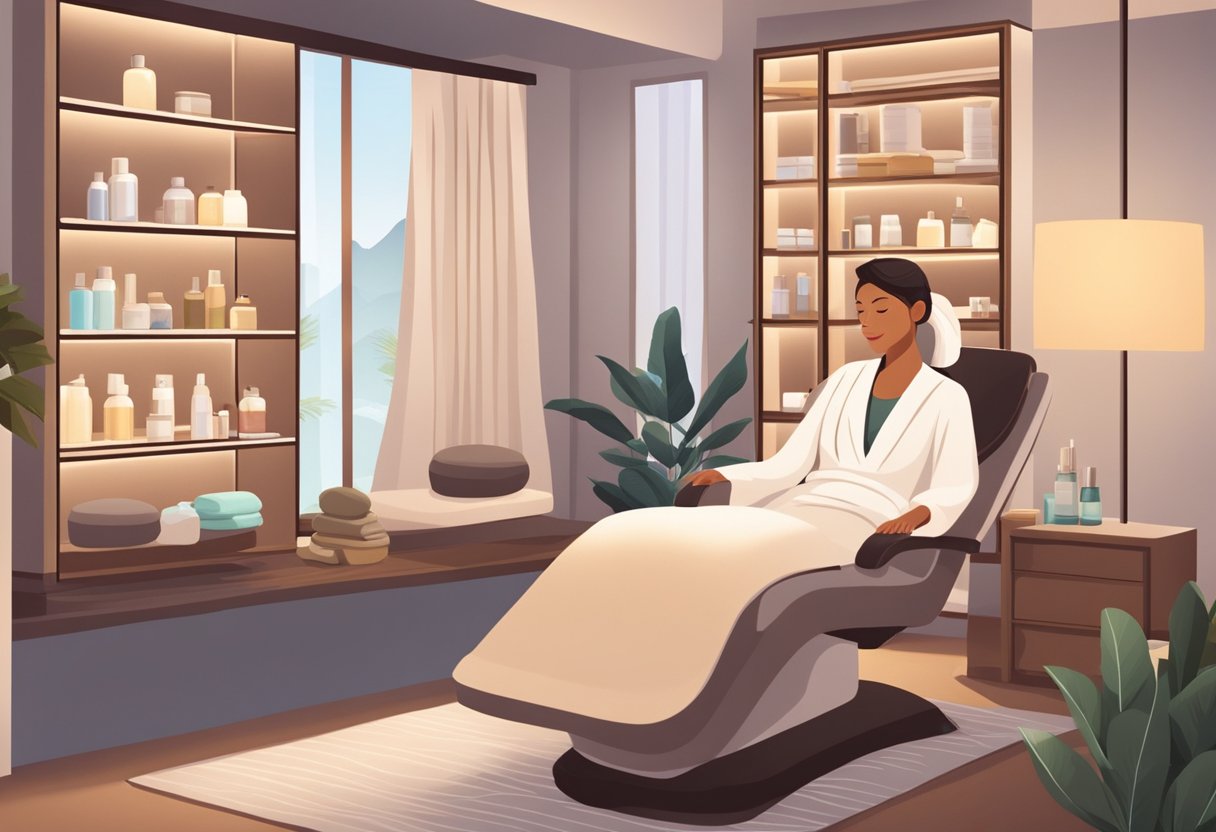 A serene spa room with soft lighting and shelves of skincare products. A therapist administers a facial treatment to a client in a comfortable reclining chair