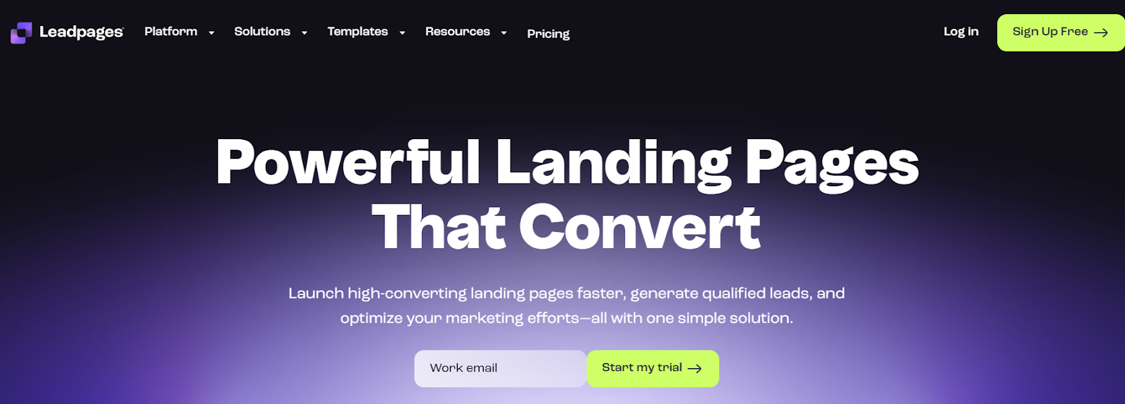 Image of the Leadpages home page prompting users to launch landing pages faster