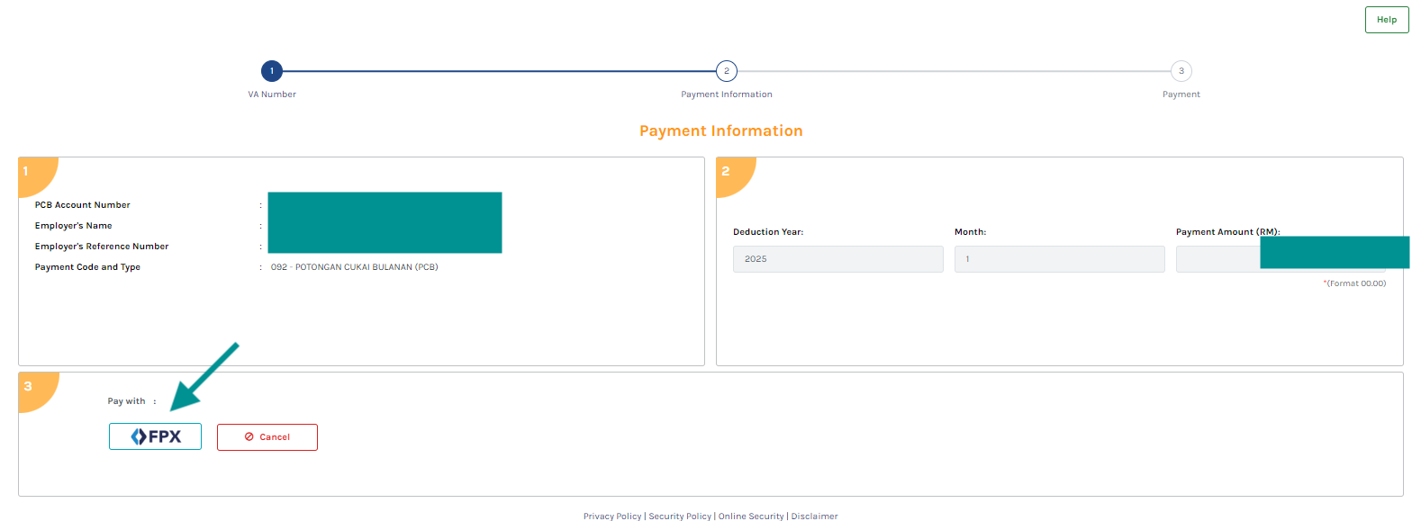 Screencap of payment information review page and option to select 'FPX'