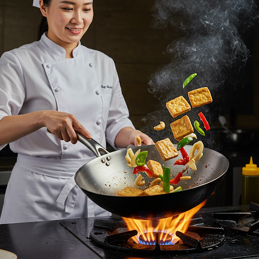 Tofu salteándose en un wok