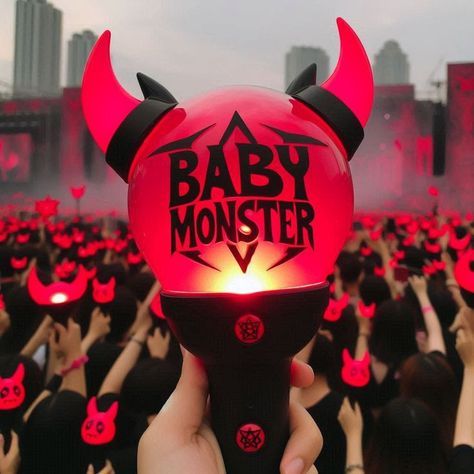 This may contain: a hand holding up a red ball with the words baby monster on it in front of a large group of people