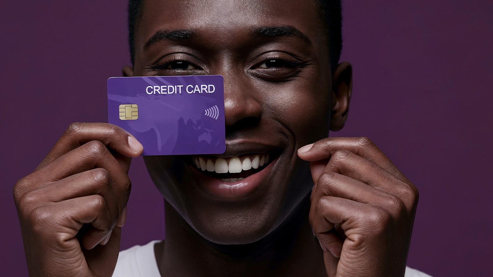 A smiling man holding up his credit card accross his face