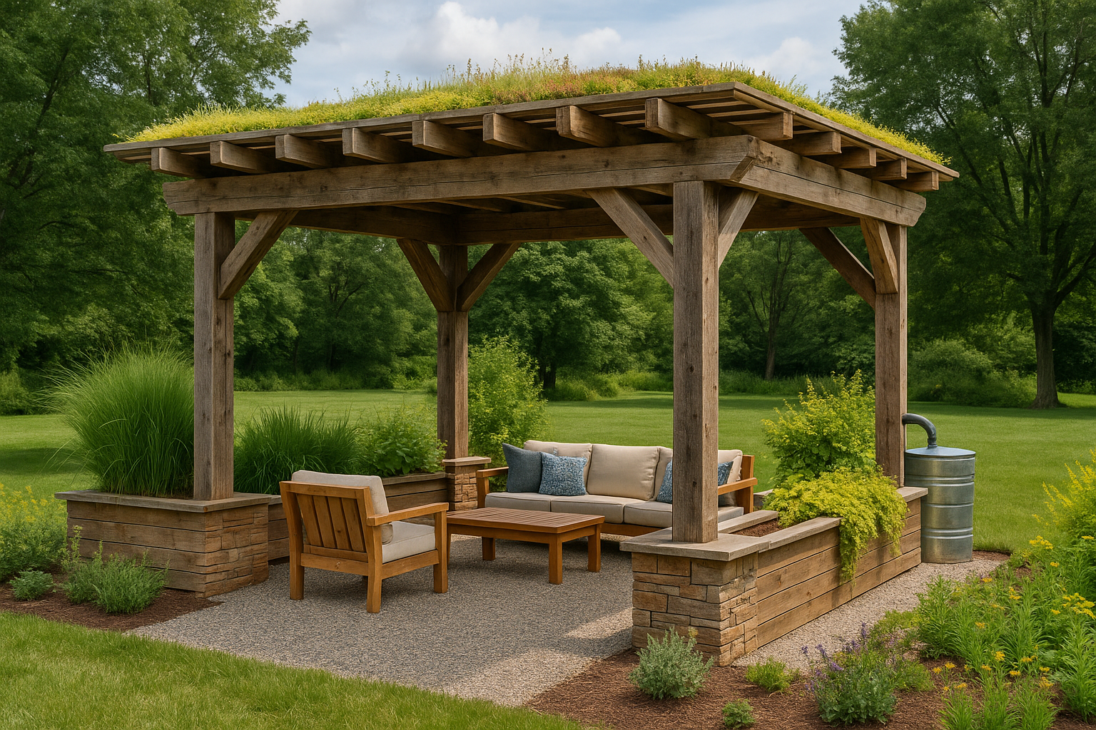 Eco-friendly pergola constructed with reclaimed wood and recycled metals amid lush native landscaping.
