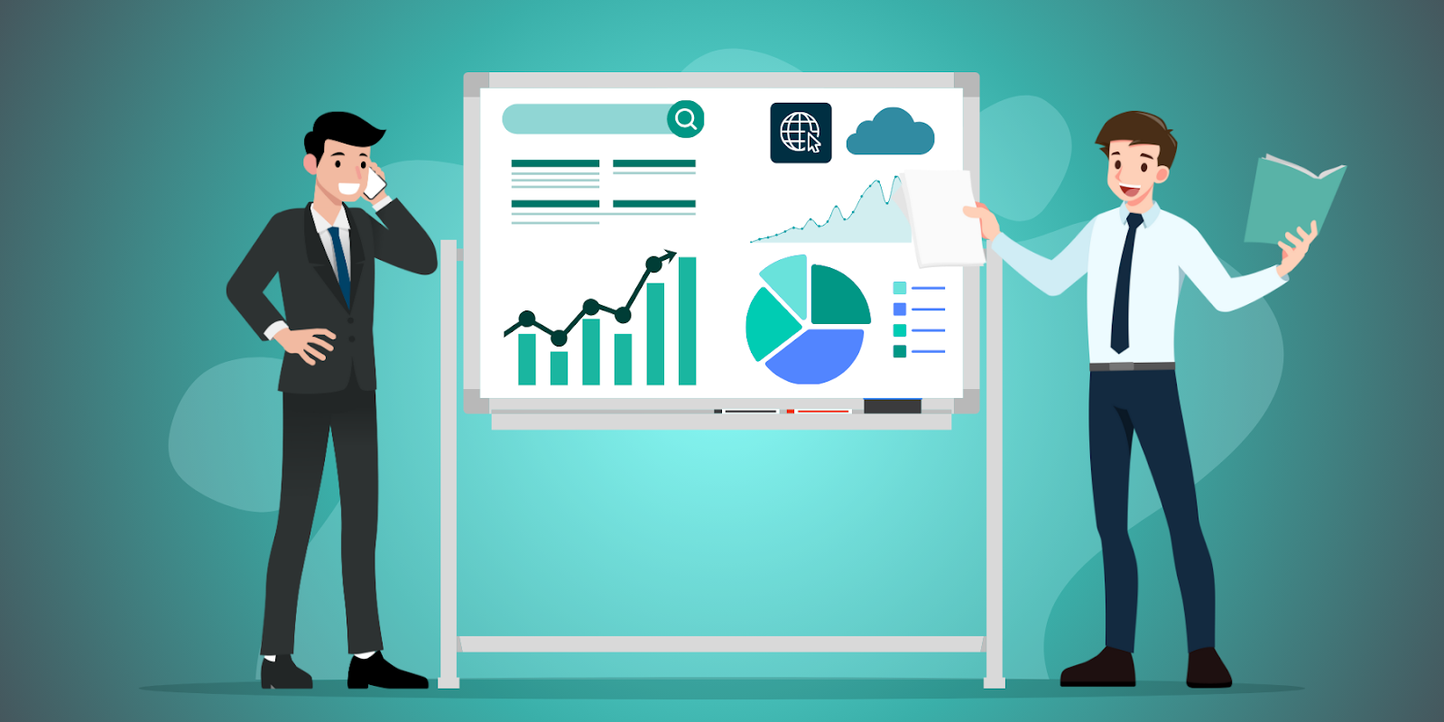 Two business professionals reviewing SEO strategies, standing beside a whiteboard with graphs and charts that detail insights on B2B optimization.