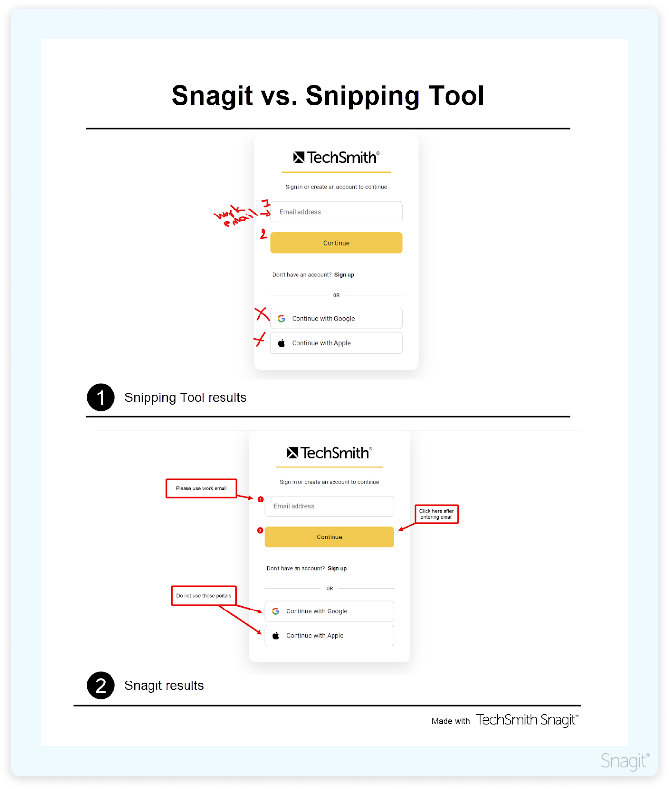 Snagit vs. Snipping tool editing options.