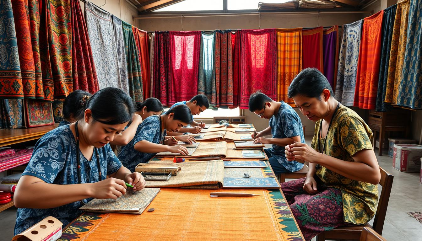 A group of skilled Malaysian batik artisans working intricately by hand, creating vibrant, traditional textile designs. Mid-shot captures their focused expressions as they carefully apply wax resists and dye fabrics, surrounded by an array of colorful, patterned textiles hanging in the warm, natural lighting of a workshop. The space is filled with the rich scents of dyes and the rhythmic sounds of their tools against the fabric. A sense of cultural heritage and craftsmanship pervades the scene, reflecting the unique designs of Malaysia's thriving batik industry.