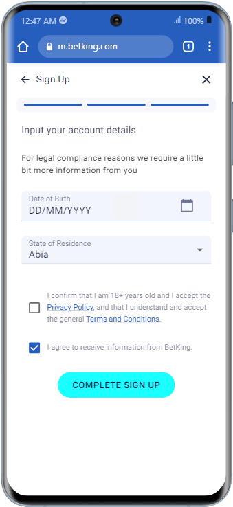 Complete BetKing sign up