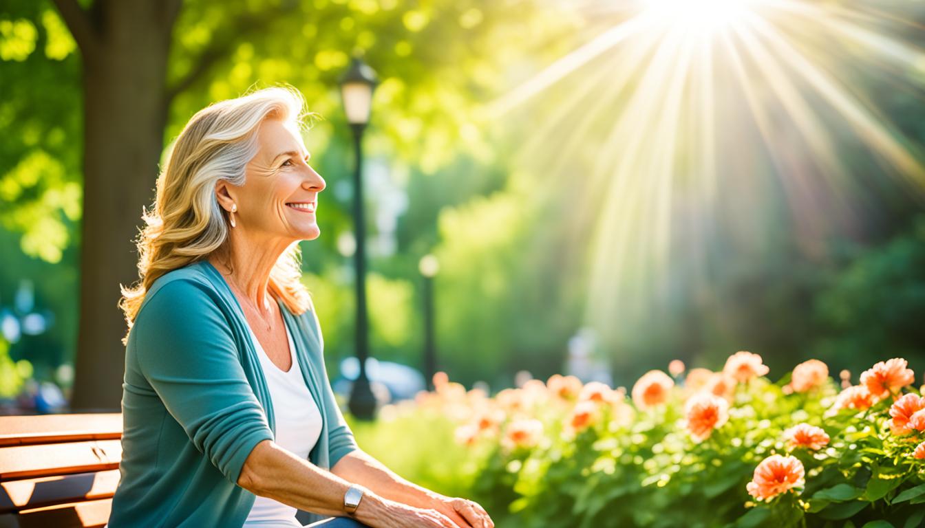 A person sitting on a park bench, looking content and at peace with themselves. The sun shines down on them, casting a warm glow, and they are surrounded by lush greenery and blooming flowers. Their body language exudes confidence and self-assurance as they sit comfortably in their own presence.