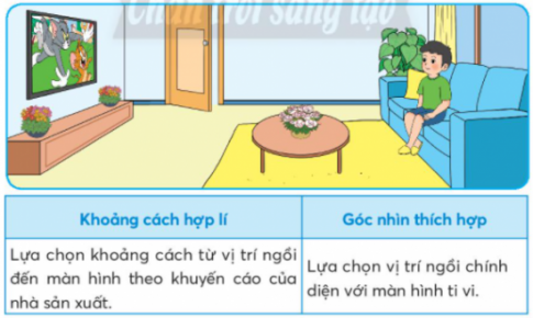 BÀI 5. SỬ DỤNG MÁY THU HÌNH1. TÁC DỤNG CỦA TI VICâu hỏi: Dựa vào hình ảnh và các thông tin mô tả dưới đây, em hãy chọn những tác dụng của ti vi được mô tả trong bảng?Giải nhanh: Thứ tựTác dụng của ti viChọn1Thu tín hiệu truyền hình qua ăng ten hoặc cáp truyền hình.X2Chuyển tín hiệu thành hình ảnh và âm thanh. 3Phát hình ảnh ra màn hình và âm thanh ra loa để phục vị xem các chương trình tin tức, giáo dục và giải trí.X 2. MỐI QUAN HỆ GIỮA ĐÀI TRUYỀN HÌNH VÀ TI VICâu hỏi: Quan sát các hình vẽ trong sơ đồ dưới đây để sắp xếp đúng thứ tự hoạt động của đài truyền hình và ti vi được mô tả trong bảng?Giải nhanh: Thứ tự hoạt động của đài truyền hình và ti vi:Thứ tựHoạt động của đài truyền hình và ti vi1Các chương trình truyền hình được sản xuất tại đài truyền hình ,sau đó chuyển thành tín hiệu truyền thanh.2Đài truyền hình phát tín hiệu ra môi trường.3Tín hiệu được ăng ten thu lại và truyền đến ti vi. Tín hiệu cũng có thế được truyền đến ti vi thông qua cáp truyền hình (truyền hình cáp).4Ti vi chuyển tín hiệu nhận được thành hình ảnh và âm thanh. 3. KÊNH TRUYỀN HÌNH PHỔ BIẾNCâu hỏi: Em hãy giới thiệu kênh truyền hình của đài truyền hình như mô tả trong bảng dưới đây:Giải nhanh: Các kênh của Đài truyền hình Việt Nam:VTV1 là kênh Thời sự - Chính luận - Tổng hợp.VTV2 là kênh Khoa học - Giáo dục.VTV3 là kênh giải trí tổng hợp.VTV4 là kênh đối ngoại quốc gia. VTV5 là kênh truyền hình tiếng dân tộc.VTV6 là kênh dành cho thanh thiếu niên.VTV7 là kênh giáo dục quốc gia.4. LỰA CHỌN VỊ TRÍ NGỒI XEM TI VICâu hỏi: Dựa vào hình ảnh và các thông tin mô tả dưới đây, em hãy lựa chọn vị trí ngồi xem ti vi có khoảng cách và góc nhìn hợp lí để bảo vệ mắt.Giải nhanh: Khoảng cách hợp lí: từ vị trí ngồi đến màn hình tuân theo khuyến cáo của nhà sản xuất.Góc nhìn thích hợp: ngồi chính diện với màn hình ti vi.5. SỬ DỤNG TI VICâu hỏi: Em hãy cùng bạn thực hành chọn kênh và điều chỉnh âm lượng của tivi thông qua bộ điều khiển từ xa theo các bước sau:Giải nhanh: HS tự thực hànhLUYỆN TẬPCâu 1: Ti vi thu tín hiệu các chương trình truyền hình từ đài truyền hình thông qua những bộ phận nào?Giải nhanh: Ti vi thu tín hiệu các chương trình truyền hình từ đài truyền hình thông qua:Cáp truyền hìnhĂng ten ti viCâu 2: Hãy giới thiệu kênh truyền hình hoặc chương trình truyền hình mà em yêu thích?Giải nhanh: Gợi ý Chương trình truyền hình mà em yêu thích là Follow us, được chiếu vào lúc 12:30 hàng tuần trên kênh VTV7. Đây là một chương trình dạy từ vựng tiếng anh giúp em có thể học thêm được rất nhiều kiến thức mới VẬN DỤNG