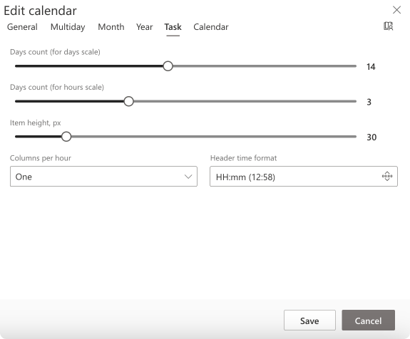 Changing task view settings in the “Task” tab in Virto Calendar. 