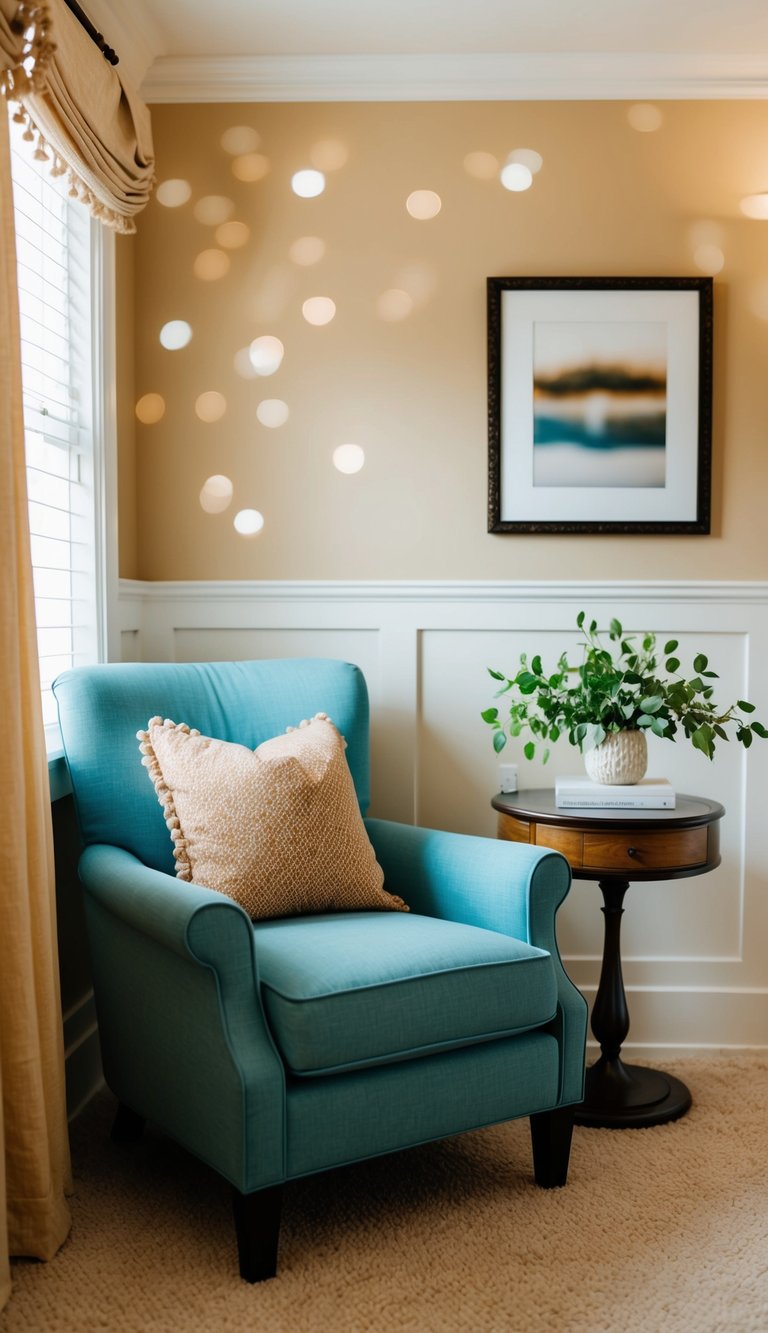 A cozy armchair nestled in a corner of a softly lit guest bedroom, with warm, inviting decor and a hint of tranquility