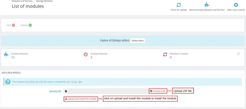 QloApps Front Desk Reports, Choose a file to upload ZIP file then click on upload and install this module to run new module.