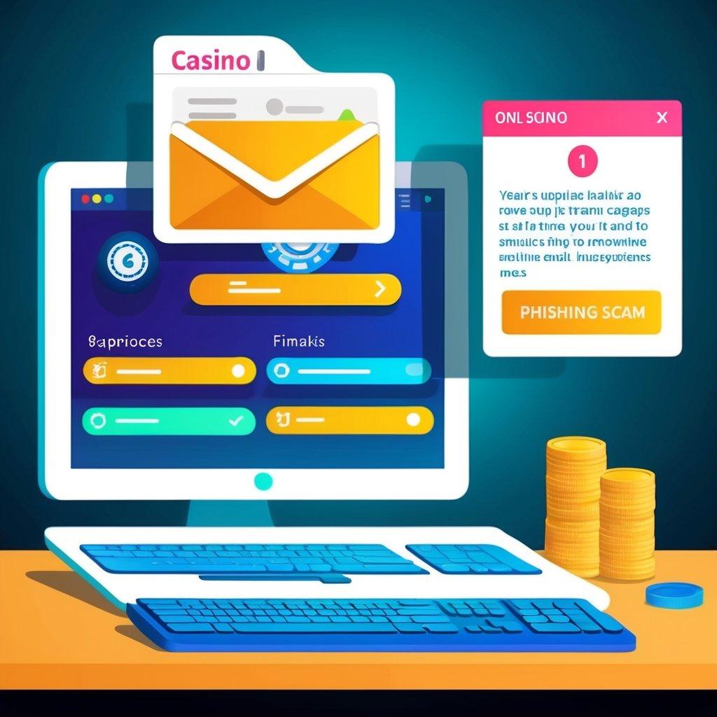 A computer screen with a realistic online casino interface, while a suspicious email pops up in the corner, attempting to lure the user into a phishing scam