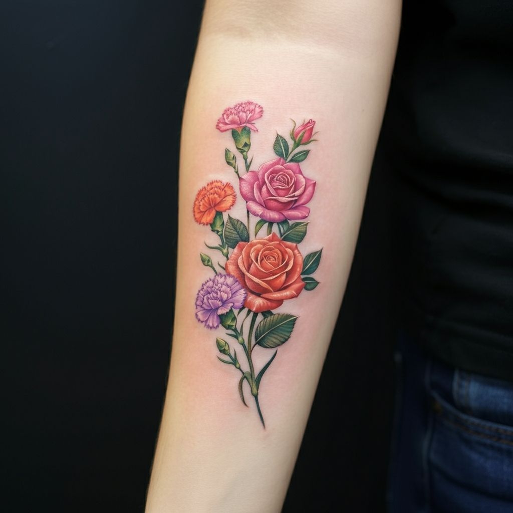 Carnation and Rose Combination Tattoo