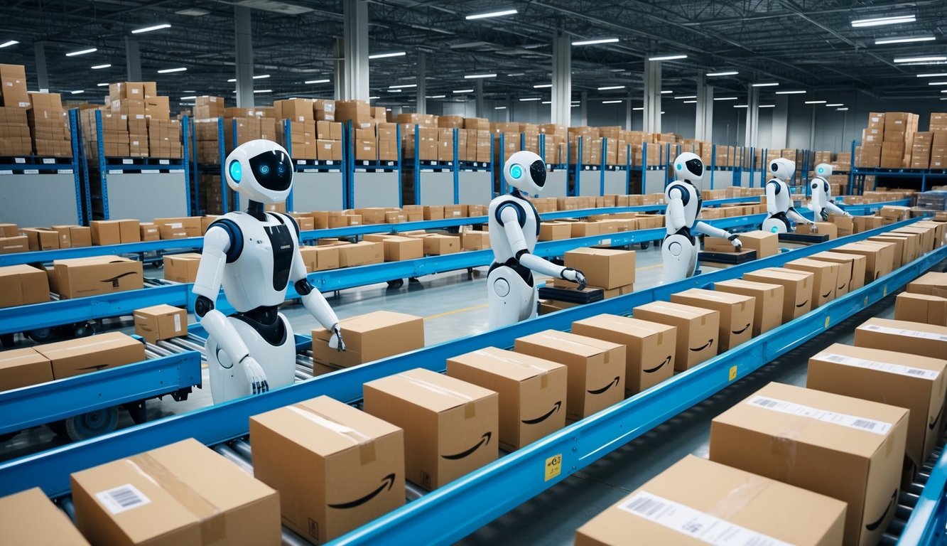 A futuristic Amazon Cosmo warehouse with AI robots sorting and organizing packages on conveyor belts