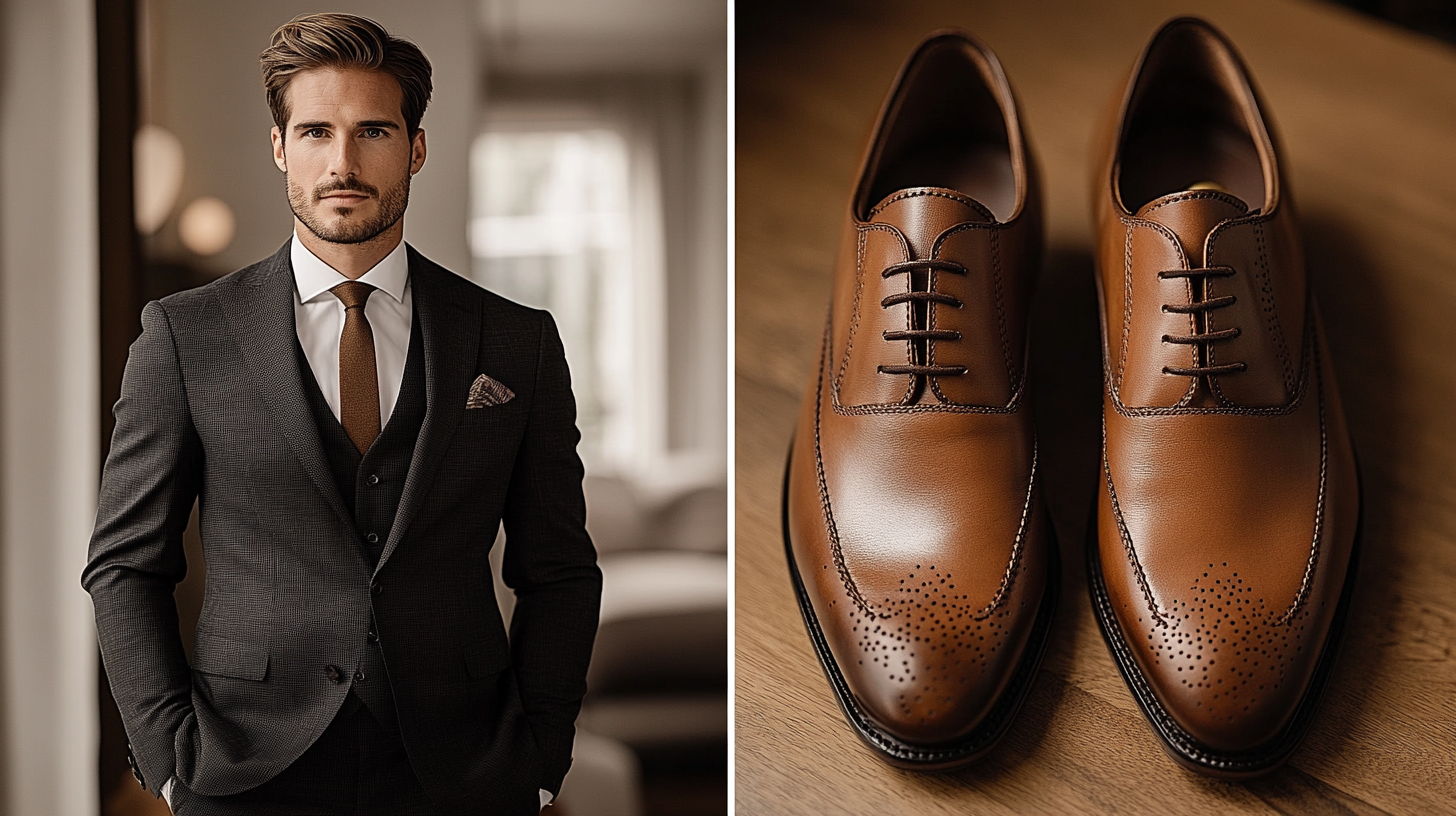 A split-screen fashion composition. On the left side, a well-dressed man in a sleek black suit wears mid-brown dress shoes that create a stylish yet slightly relaxed contrast. His posture is poised, and the neutral background enhances the outfit’s refined aesthetic. On the right side, a detailed close-up of the mid-brown shoes showcases their smooth leather finish, elegant stitching, and warm tones. The lighting is soft and balanced, capturing the essence of modern menswear styling.