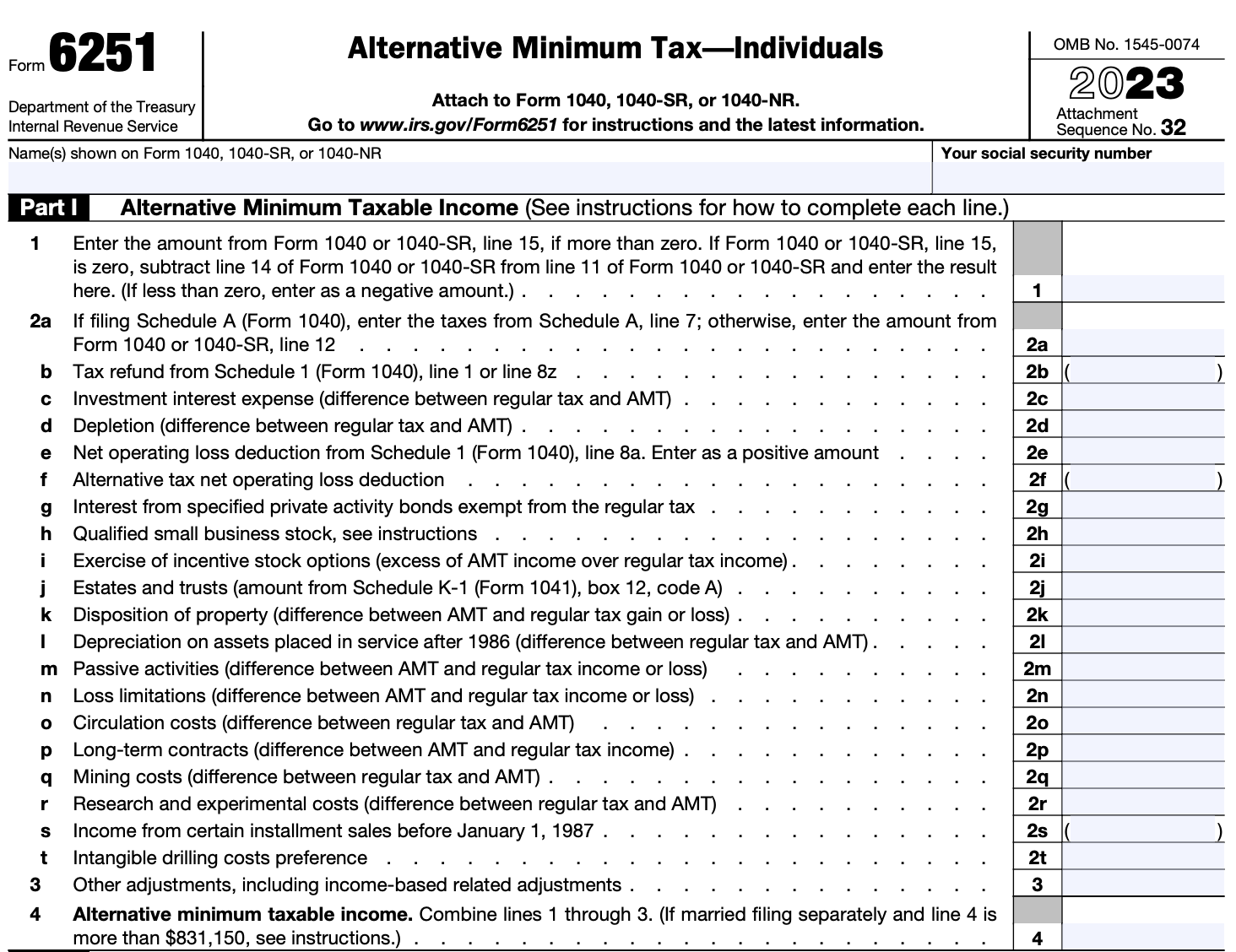 A screenshot of Part I of Form 6521 — Alternative Minimum Taxable Income. 