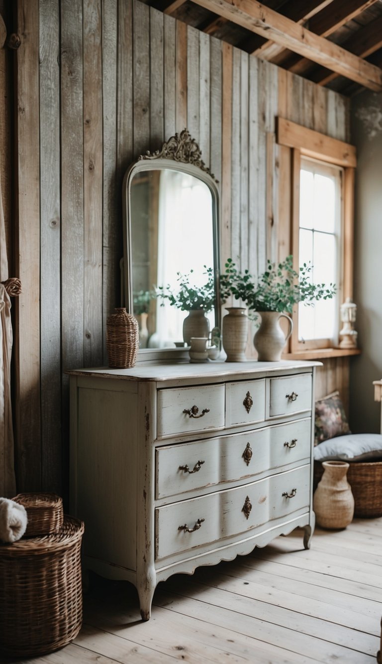 A vintage distressed dresser sits against a weathered wooden wall in a rustic farmhouse bedroom, surrounded by vintage decor and soft, muted colors