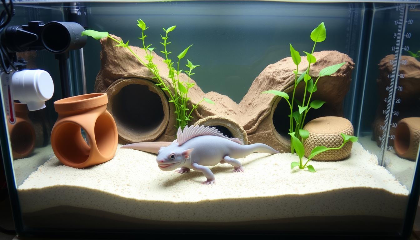 Well-maintained axolotl aquarium setup with proper hiding places and water conditions