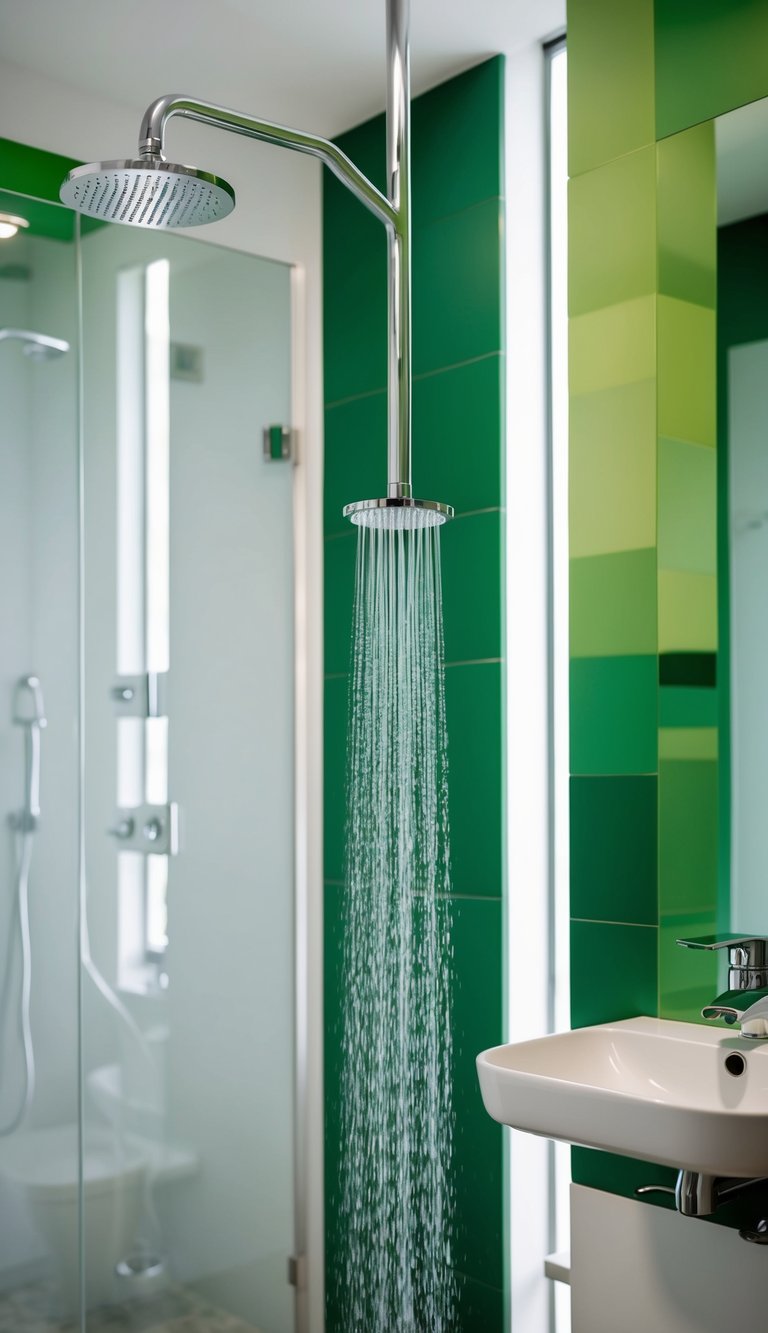 A low-flow showerhead releasing a steady stream of water in a modern, eco-friendly bathroom with green accents