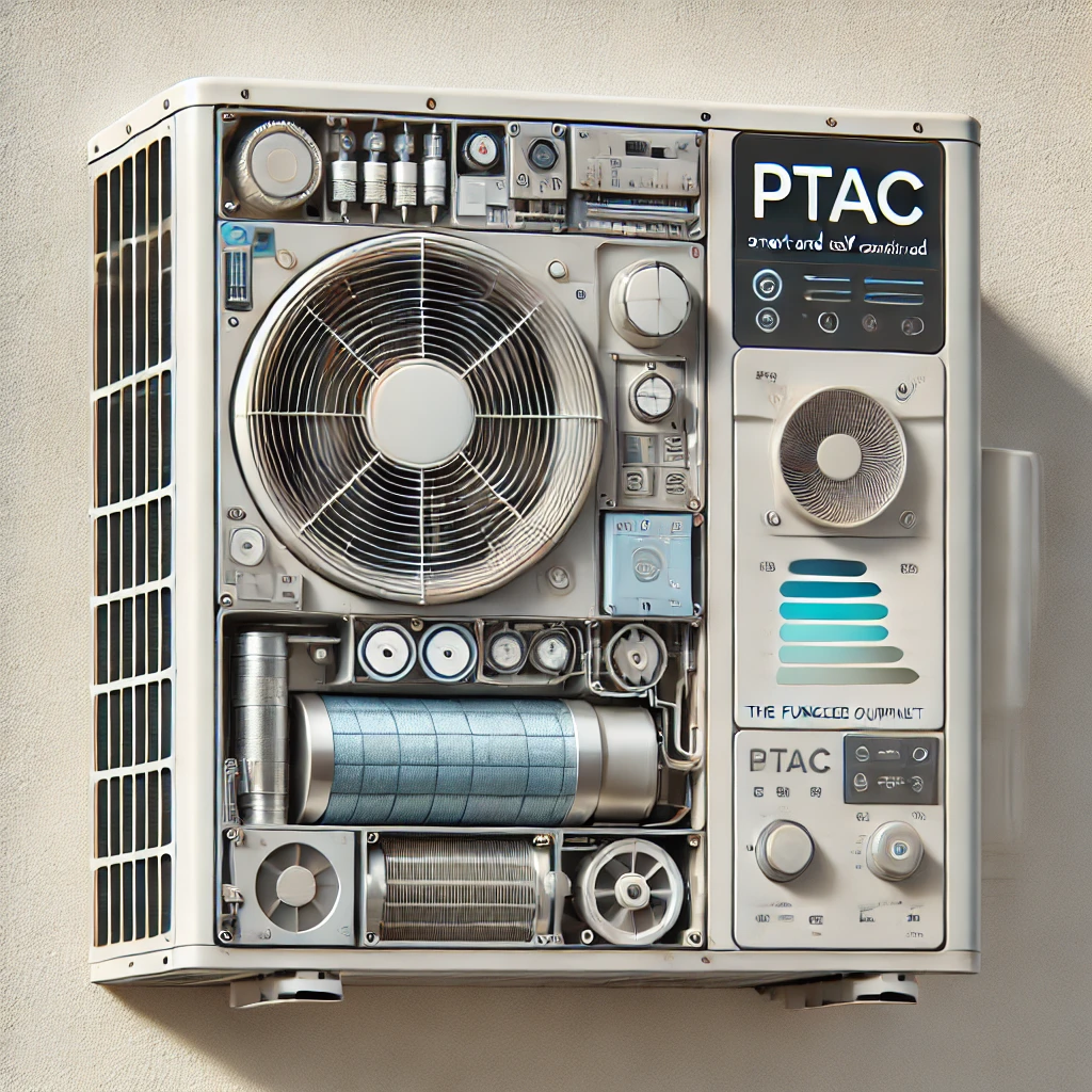 Detailed view of a wall-mounted PTAC unit with exposed components, illustrating compact, self-contained HVAC functionality and smart tech.