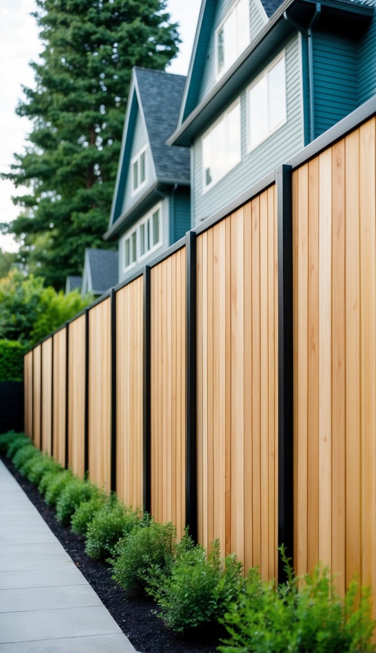 A row of tall cedar panels creates a natural privacy barrier between two houses, with carefully landscaped greenery adding to the secluded feel