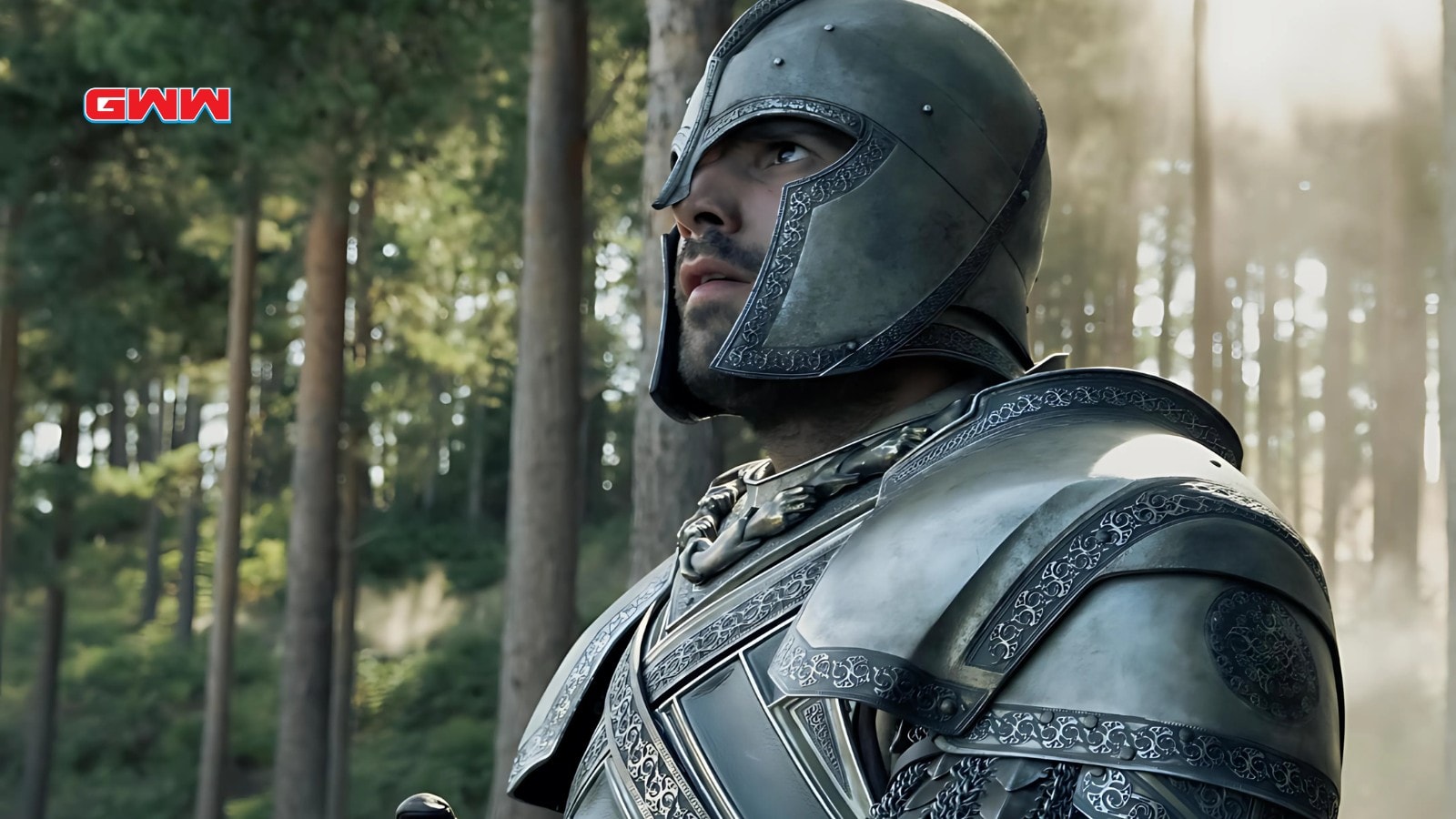 Fabien Frankel as Ser Criston Cole in ornate knight armor forest
