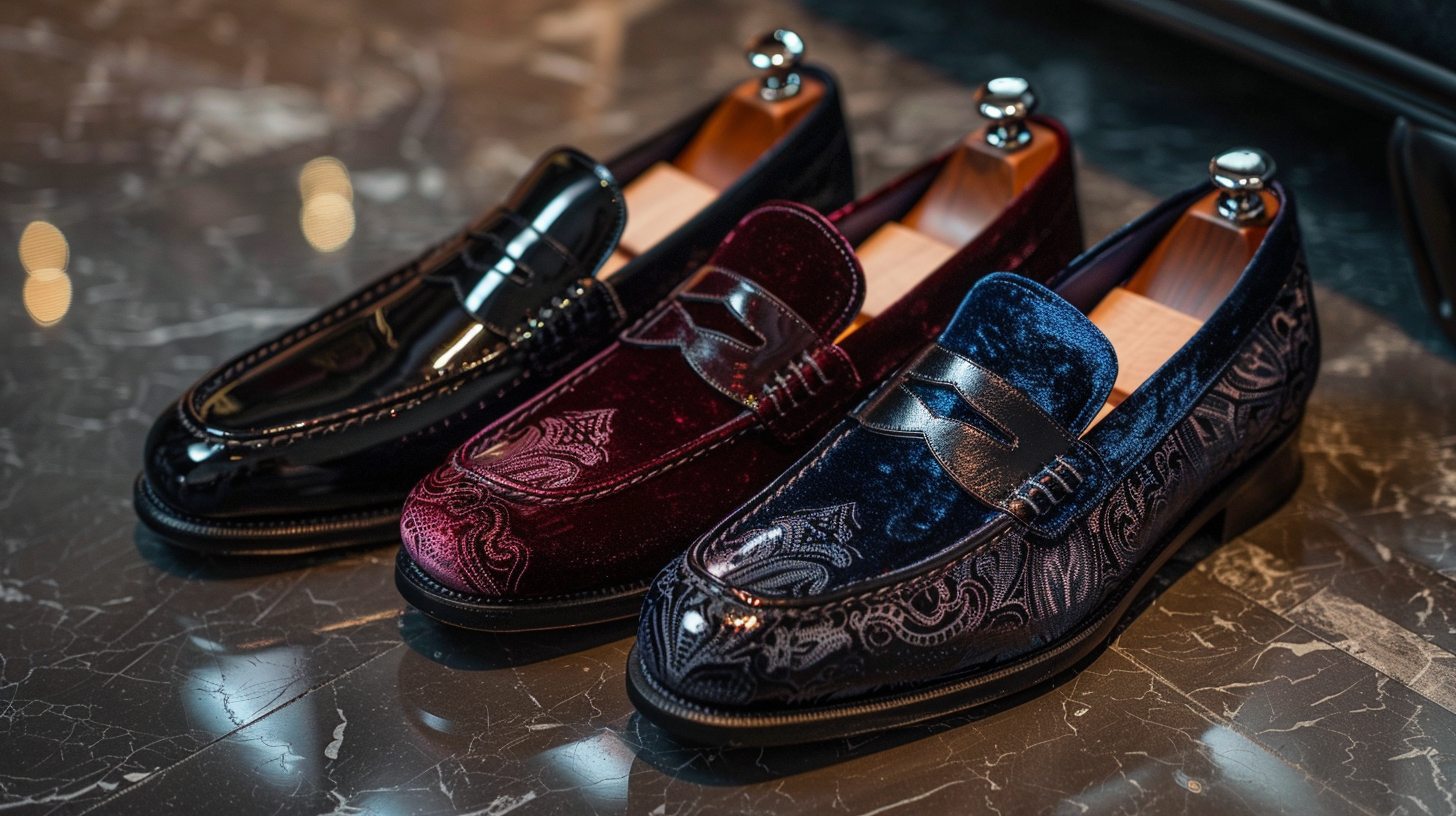 A pair of men's velvet and suede loafers in rich shades of burgundy, navy, and black, featuring textured or paisley finishes. Displayed on a polished floor with soft lighting, paired with a tuxedo. Luxe and refined prom fashion.