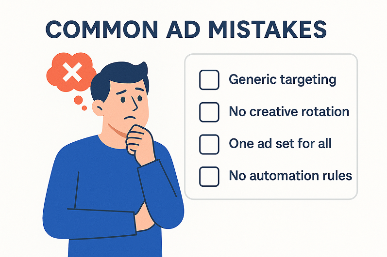 Illustrated checklist of common Facebook ad mistakes, including generic targeting, no creative rotation, one ad set for all, and no automation rules, next to a thoughtful male character with an error icon