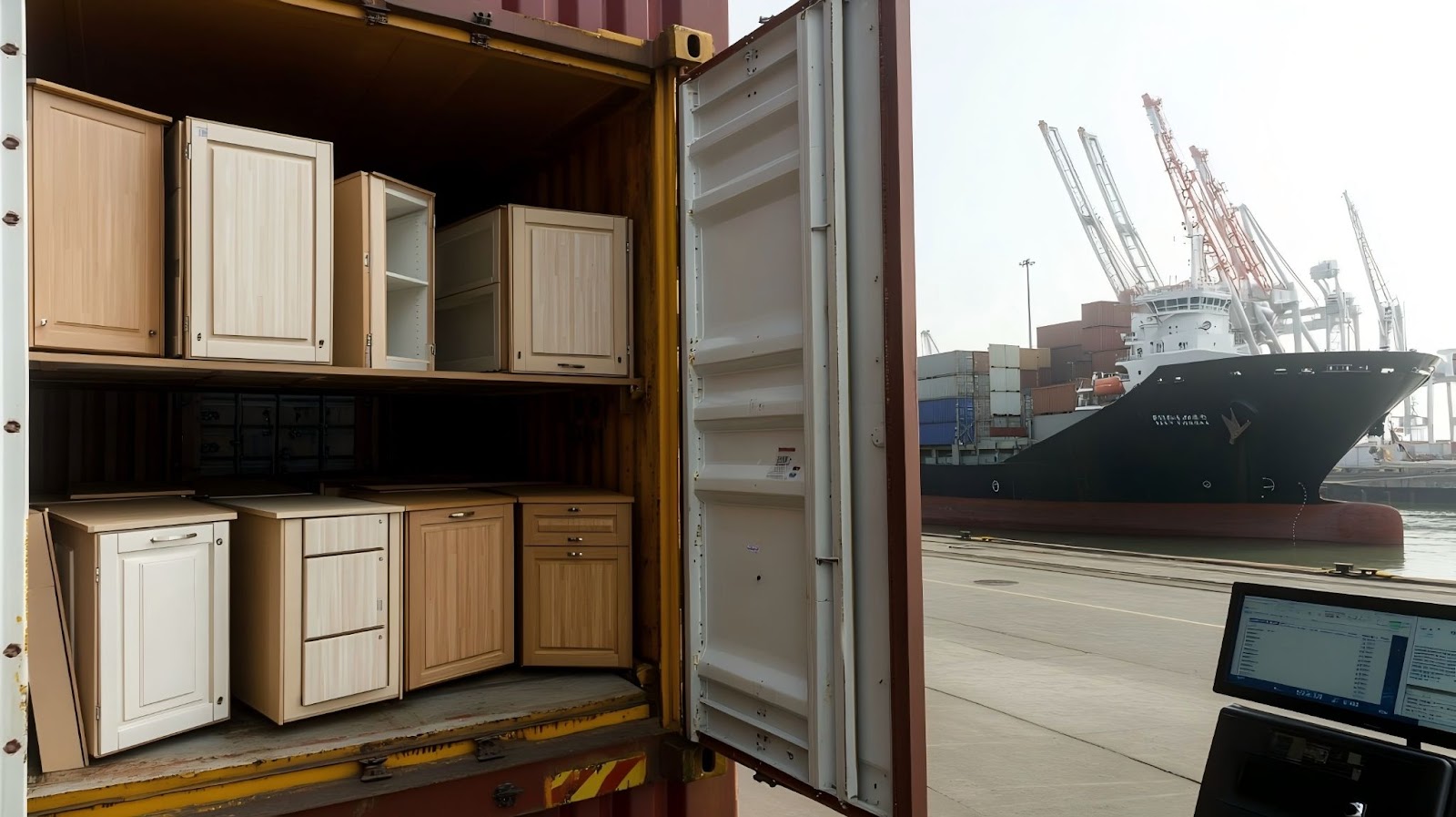 Pre-assembled kitchen cabinets loaded into a shipping container at port, ready for international freight delivery.