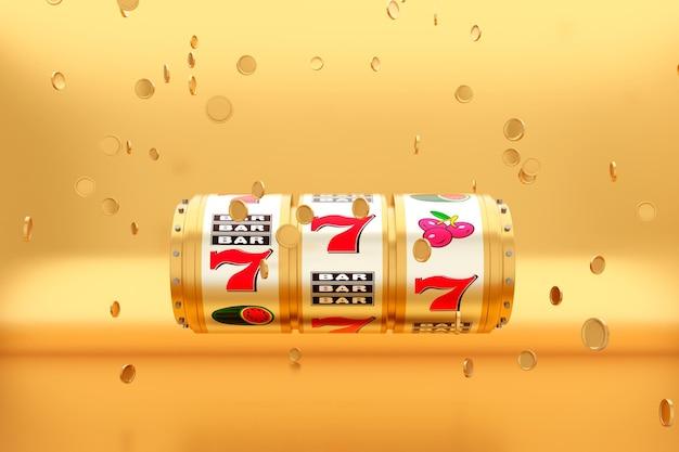 Premium Photo | Online casino 3D slot machine with flying coins on gold  background Gambling concept design