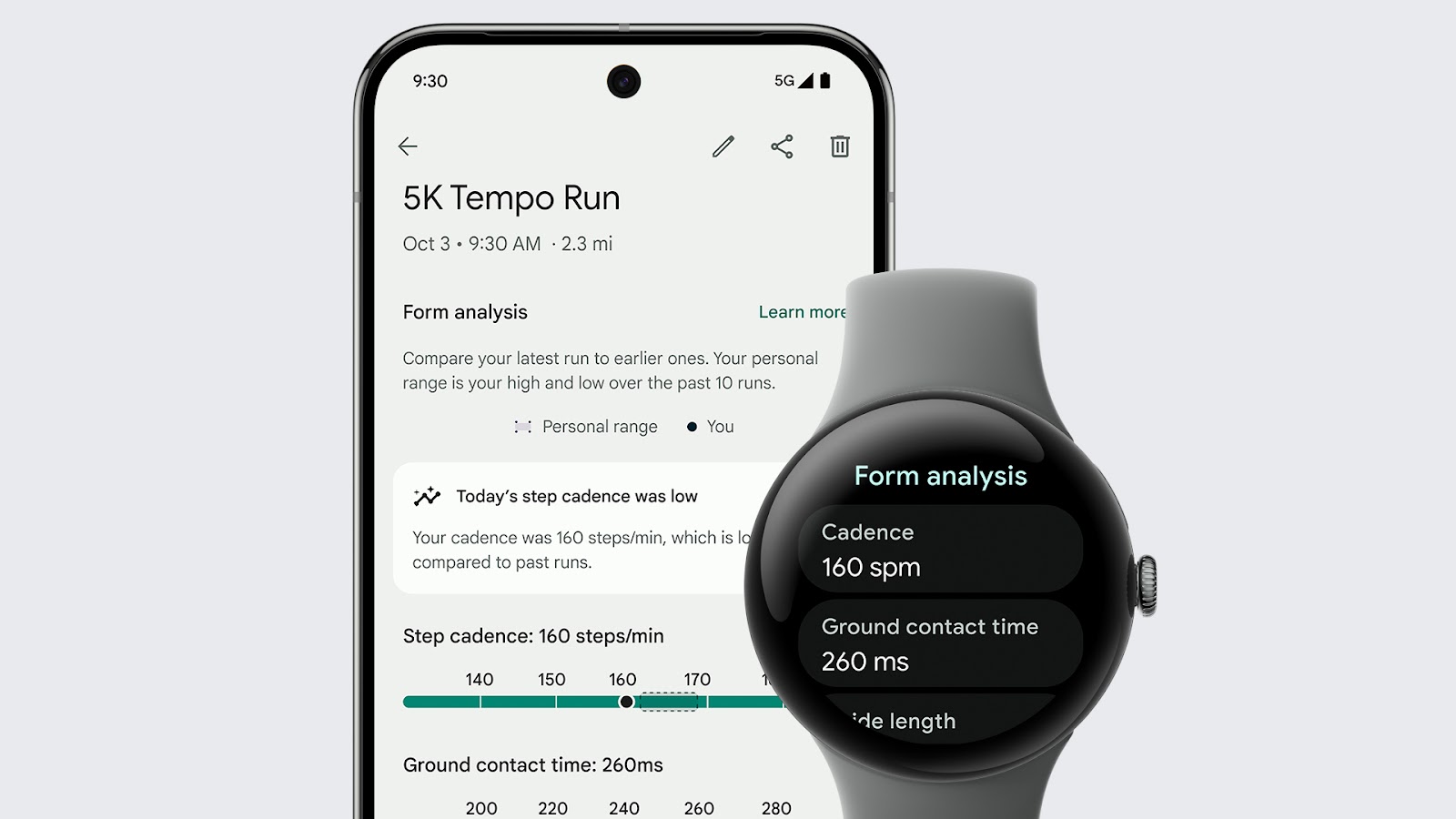 示意 Pixel Watch 3 能整合進階的跑步資訊到 Fitbit 應用程式裡的全新跑步資訊主頁